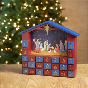 Glitzhome Handcrafted Wooden Nativity Scene Christmas Advent Count Down Calendar